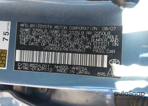 2008 Toyota Prius z USA, uszkodzony, nr VIN JTDKB20U987696863